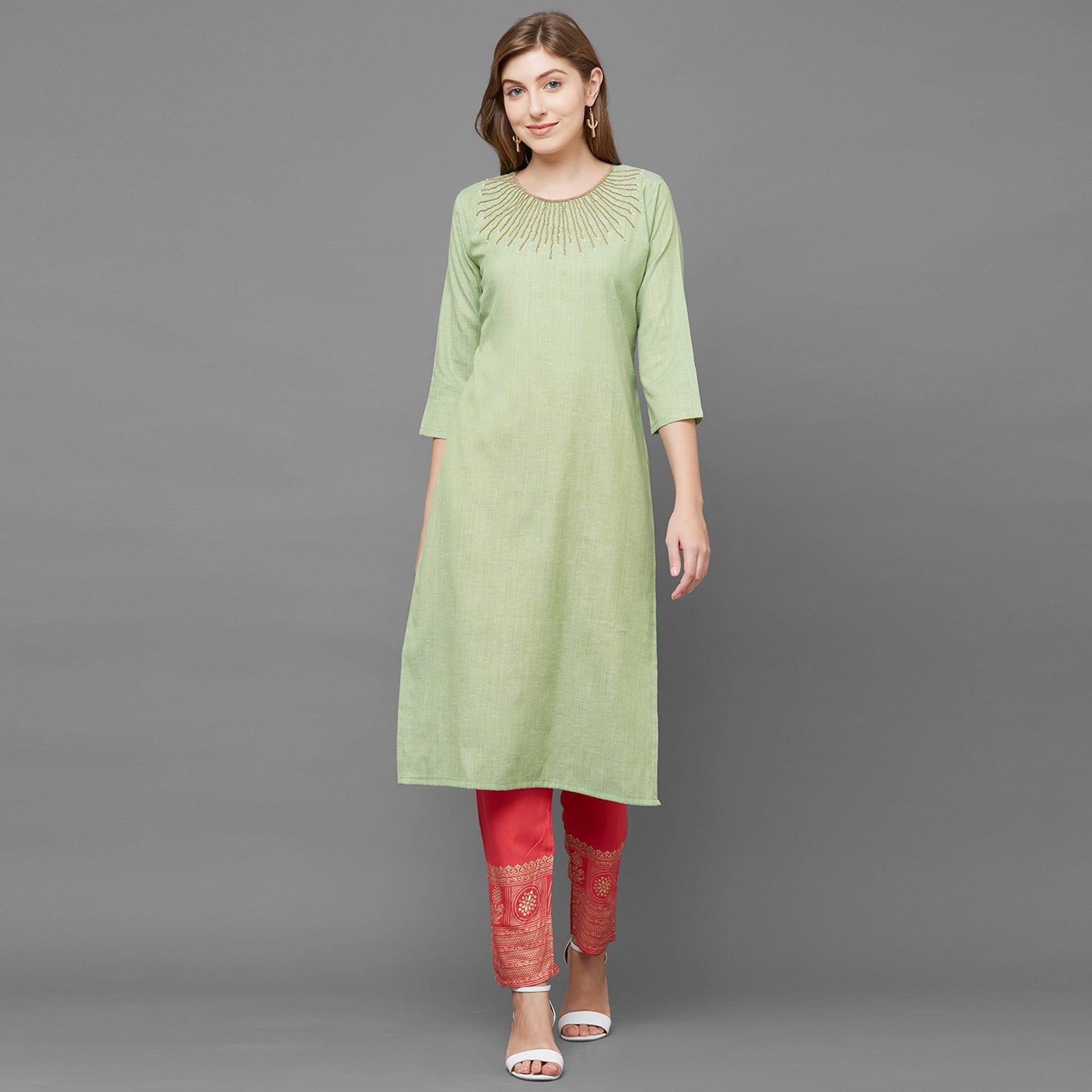 attractive-green-colored-partywear-embroidered-cotton-kurti