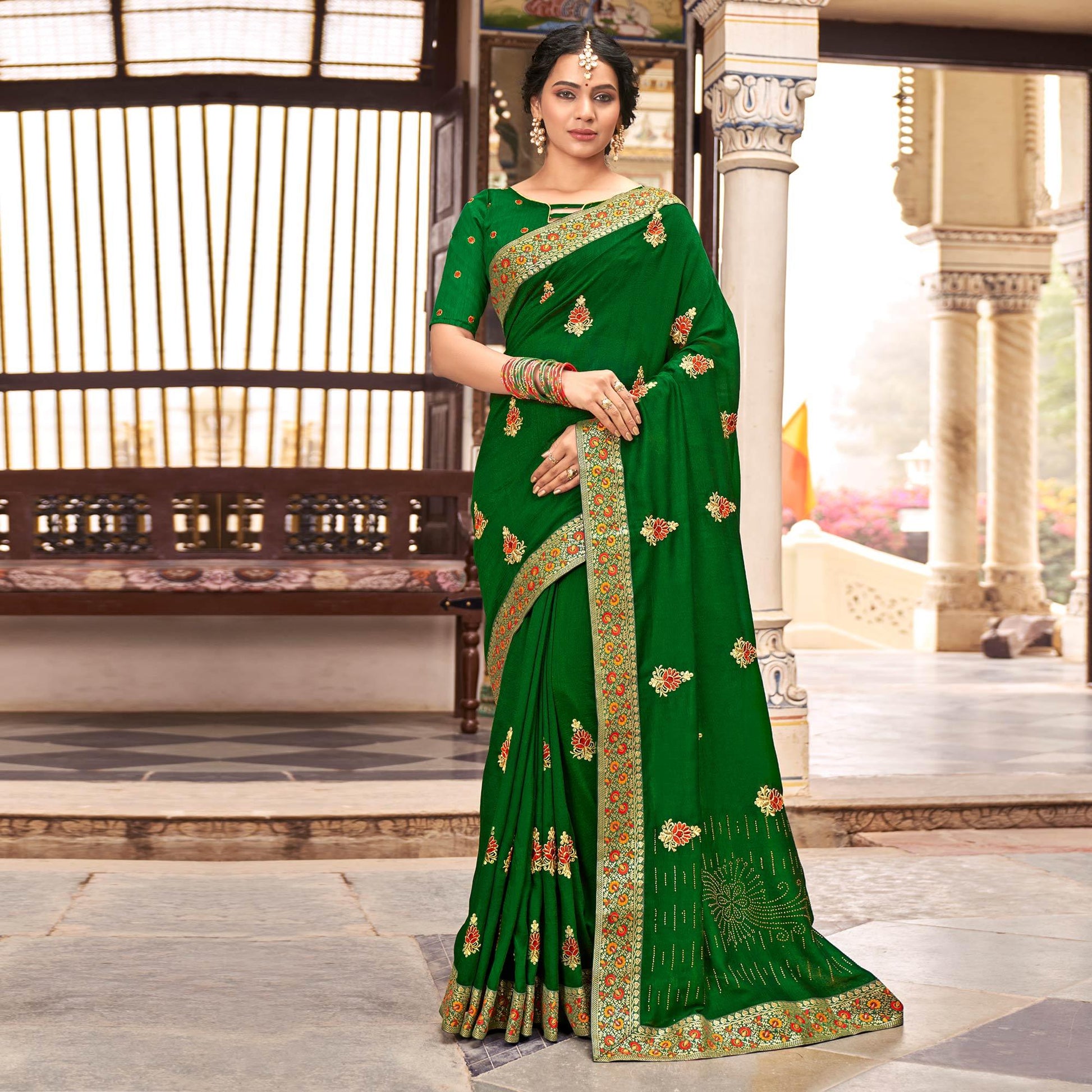 green-embellished-with-embroidered-vichitra-silk-saree-3