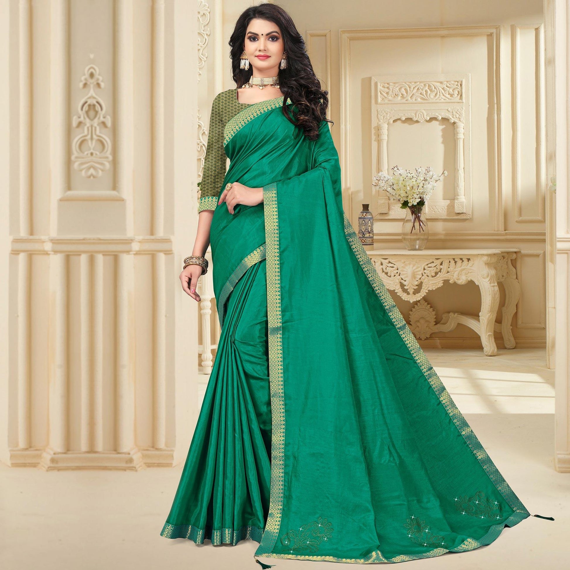 green-embellished-with-embroidered-vichitra-silk-saree-144610