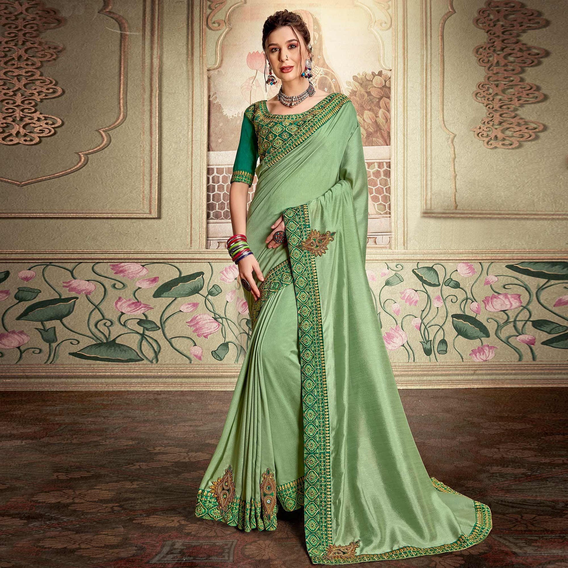 green-embellished-with-embroidered-vichitra-silk-saree-143376