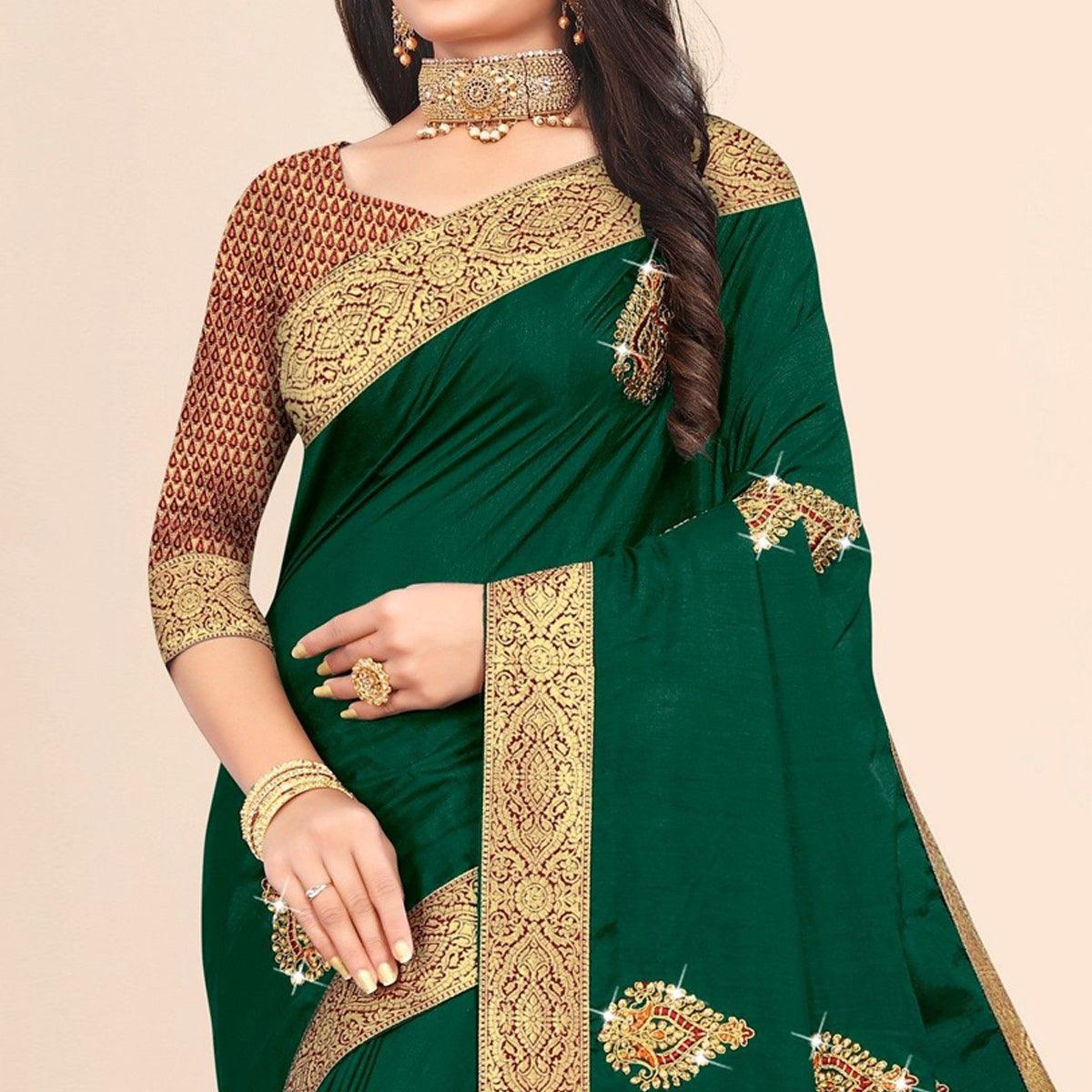 green-embellished-with-embroidered-vichitra-silk-saree