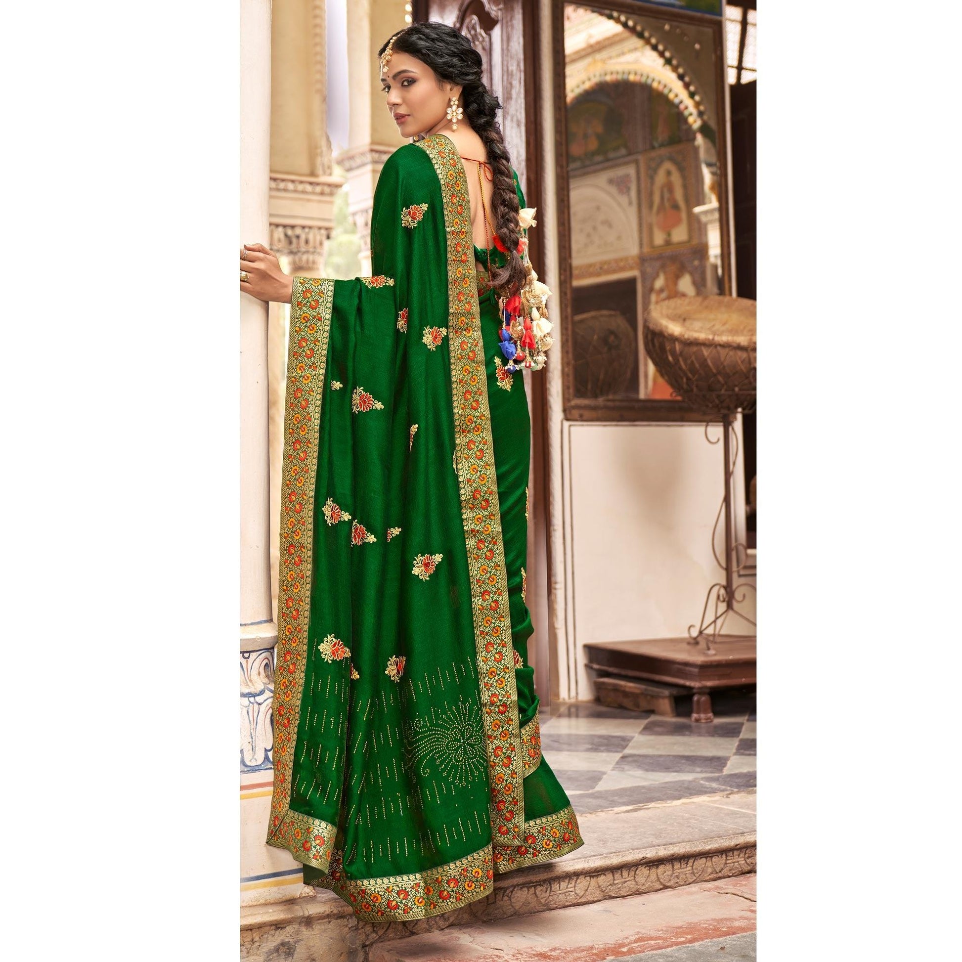 green-embellished-with-embroidered-vichitra-silk-saree-3