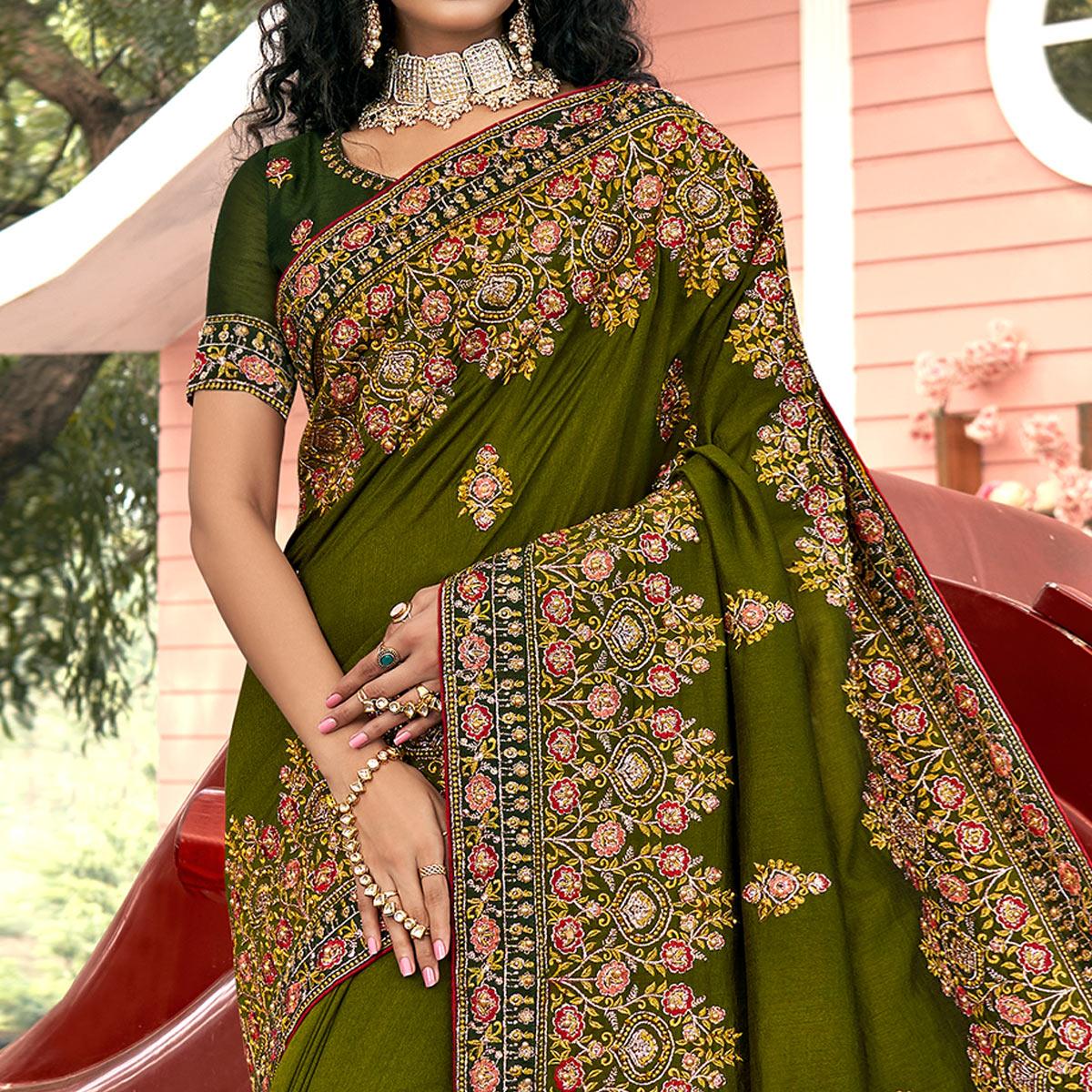 green-embellished-with-embroidered-vichitra-silk-saree-4