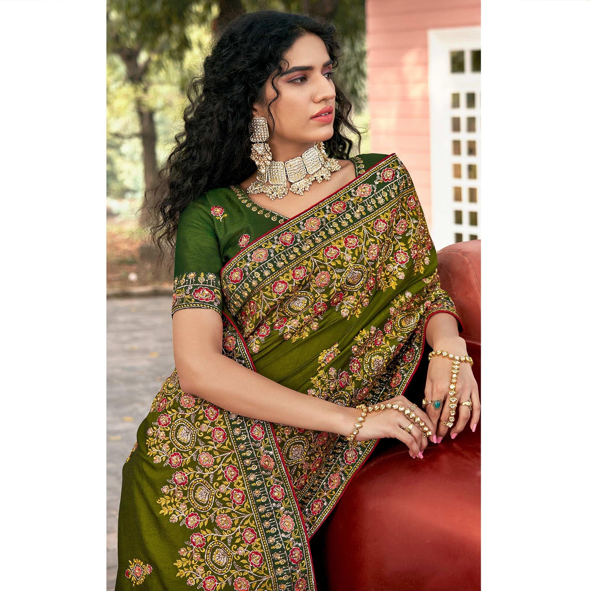 green-embellished-with-embroidered-vichitra-silk-saree-4