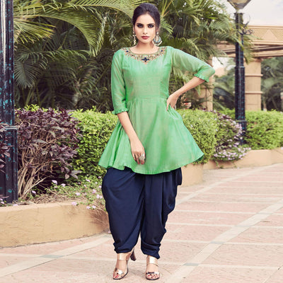 green-embroidered-art-silk-indo-western-dress