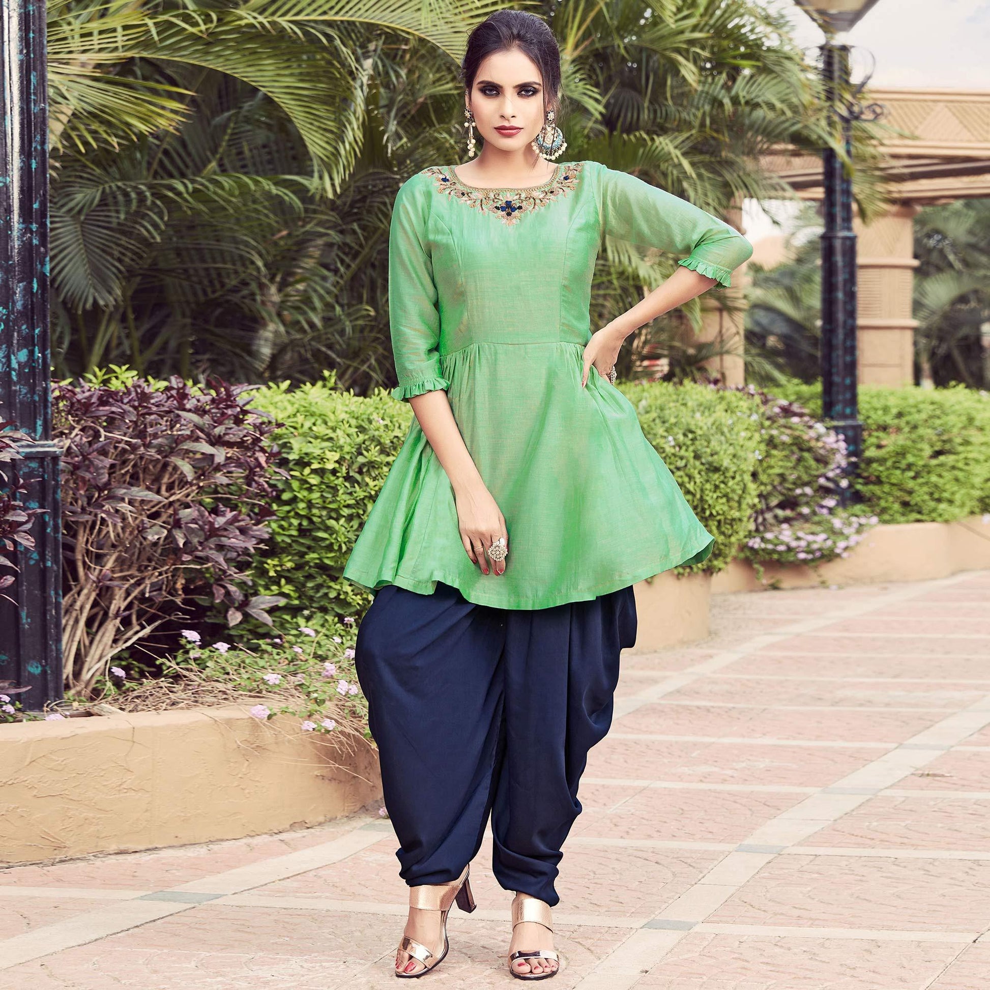green-embroidered-art-silk-indo-western-dress