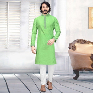 attractive-parrot-green-colored-festive-wear-embroidered-pure-silk-jacquard-menss-kurta-pyjama-set-85059