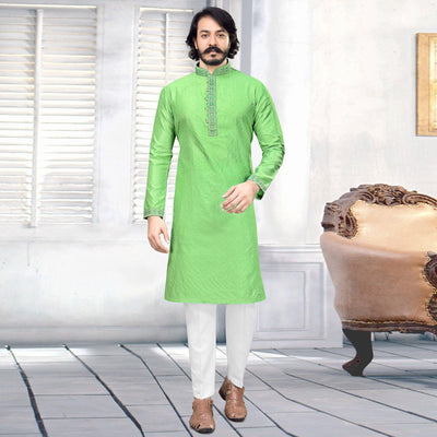 attractive-parrot-green-colored-festive-wear-embroidered-pure-silk-jacquard-menss-kurta-pyjama-set-85059