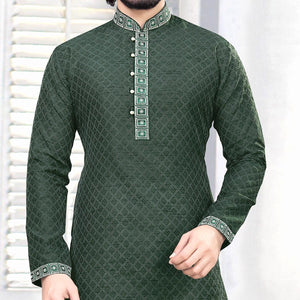 glorious-green-colored-festive-wear-embroidered-pure-silk-jacquard-menss-kurta-pyjama-set-85058