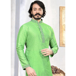 attractive-parrot-green-colored-festive-wear-embroidered-pure-silk-jacquard-menss-kurta-pyjama-set-85059