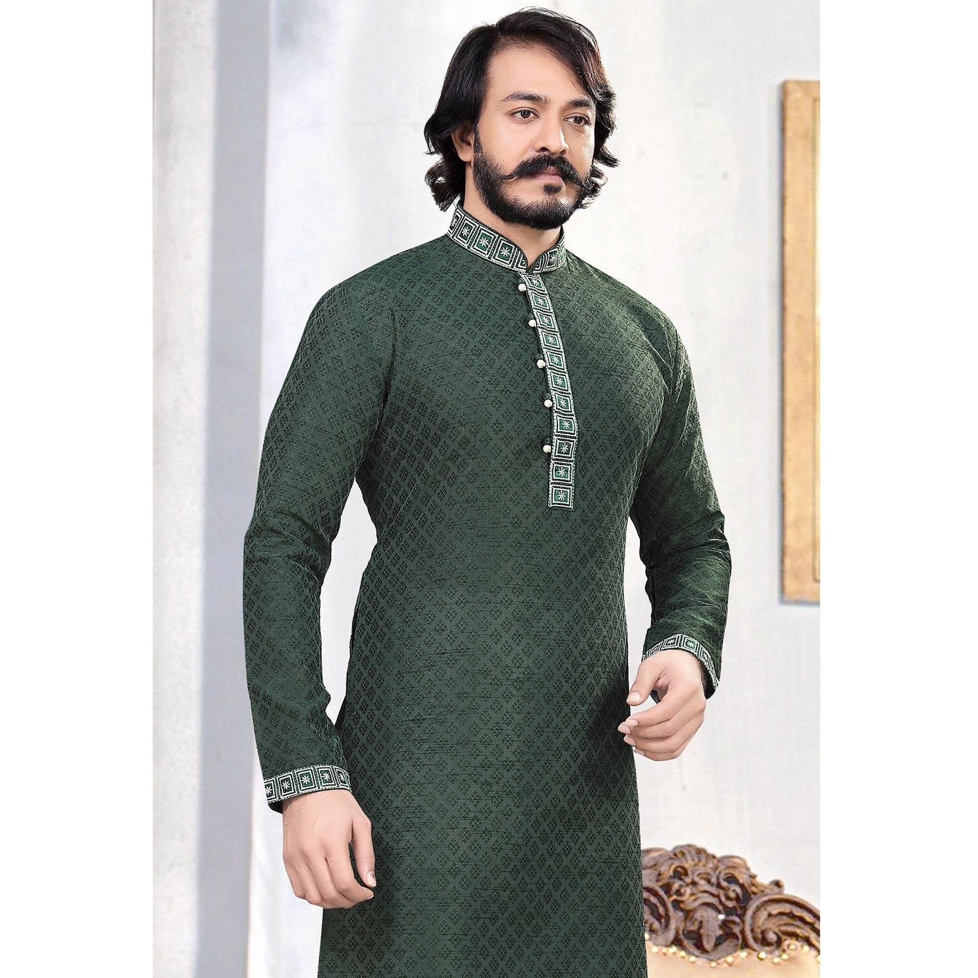 glorious-green-colored-festive-wear-embroidered-pure-silk-jacquard-menss-kurta-pyjama-set-85058