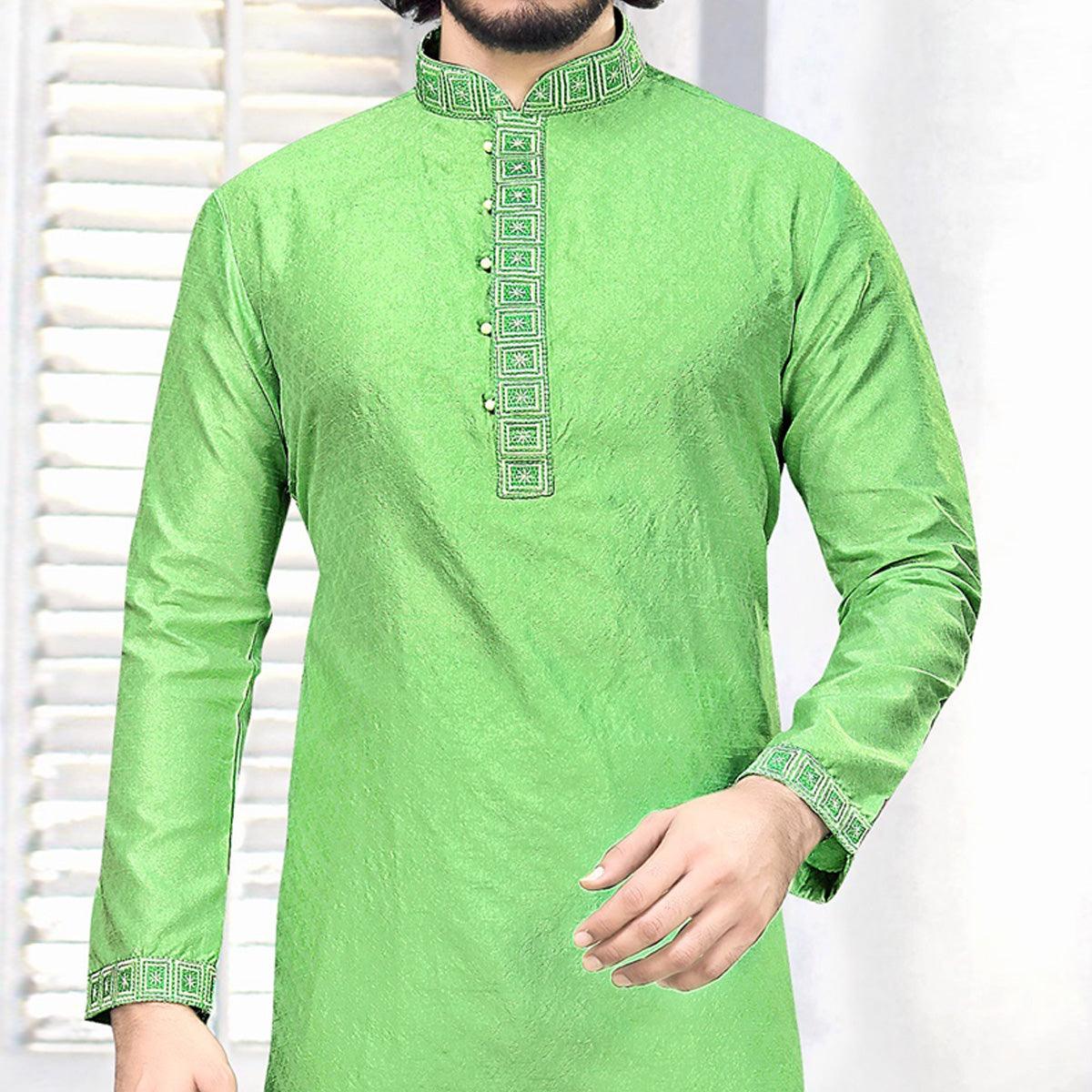 attractive-parrot-green-colored-festive-wear-embroidered-pure-silk-jacquard-menss-kurta-pyjama-set-85059