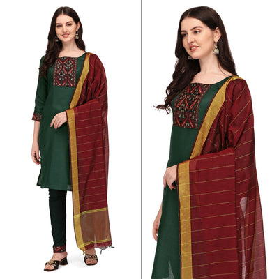 green-embroidered-poly-cotton-kurti-pant-set
