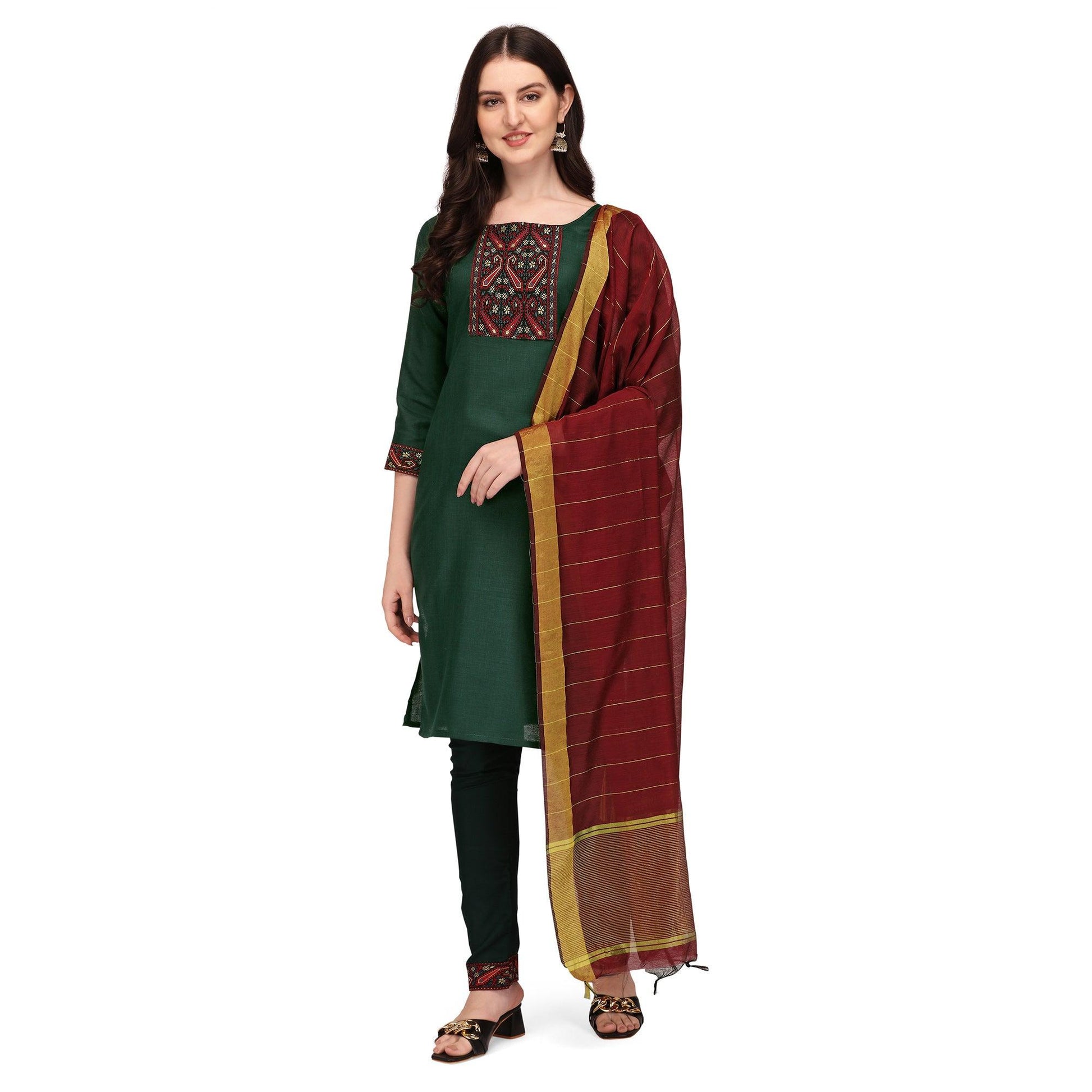 green-embroidered-poly-cotton-kurti-pant-set