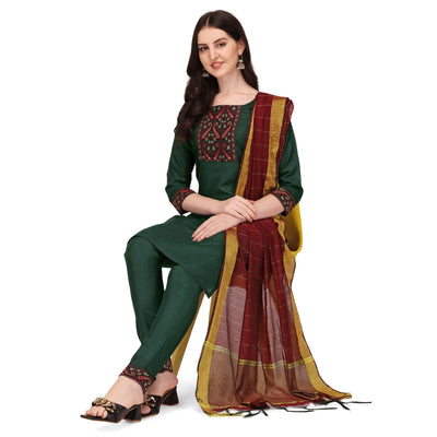 green-embroidered-poly-cotton-kurti-pant-set