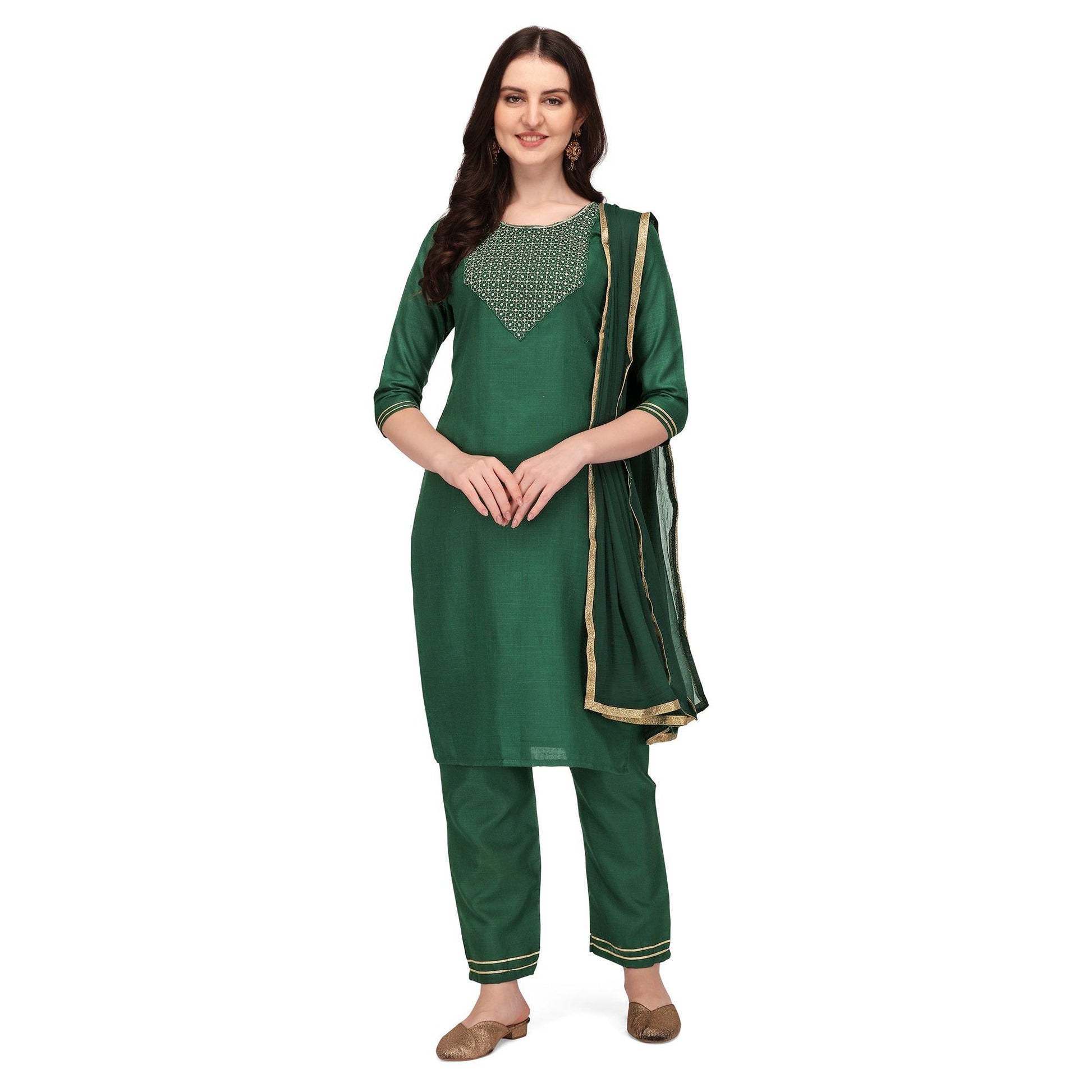 green-embroidered-poly-cotton-kurti-pant-set-with-dupatta