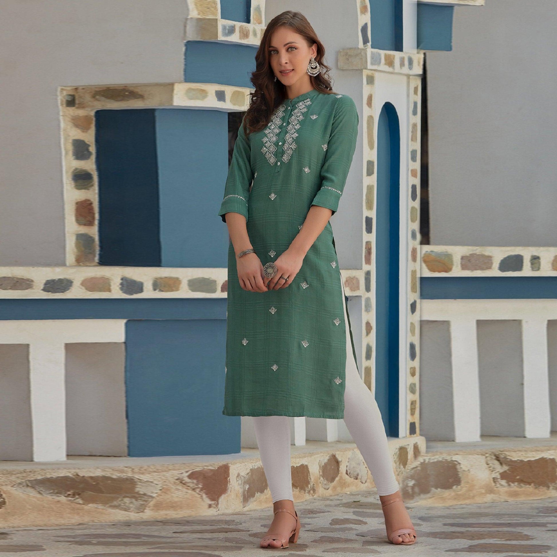 green-embroidered-poly-cotton-kurti
