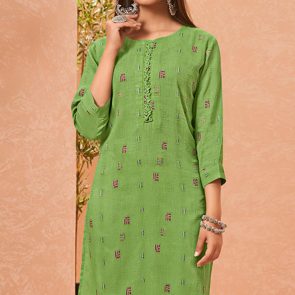 green-embroidered-pure-cotton-kurti-144782