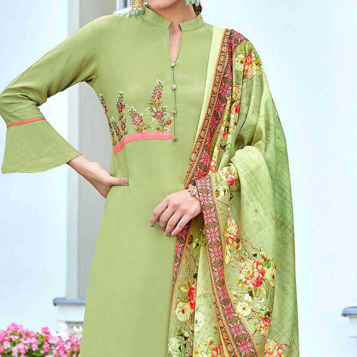 green-embroidered-rayon-kurti-pant-set-with-dupatta