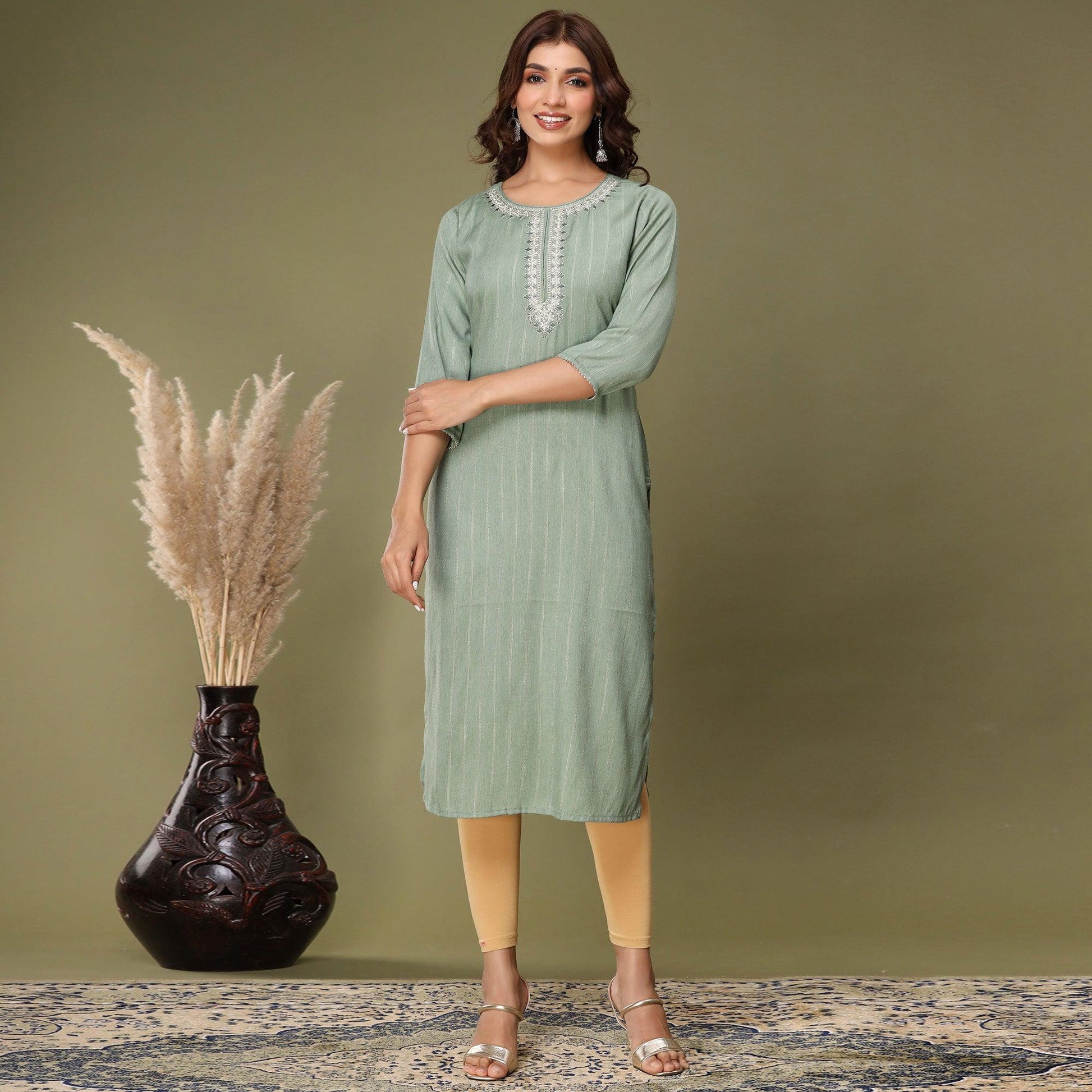 green-embroidered-rayon-kurti