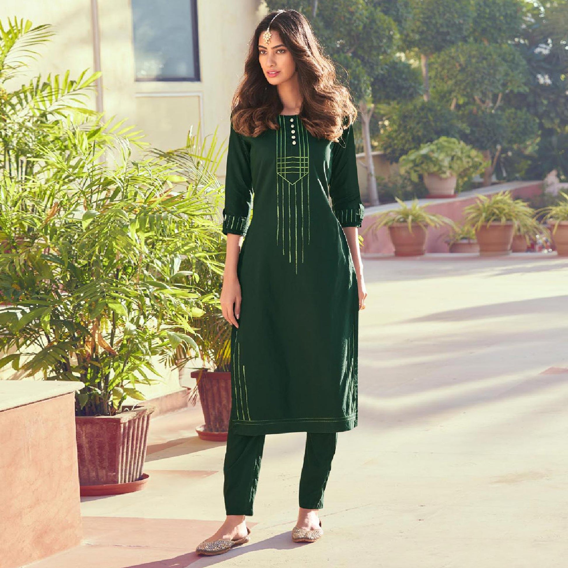 green-embroidered-viscose-kurti-pant-set