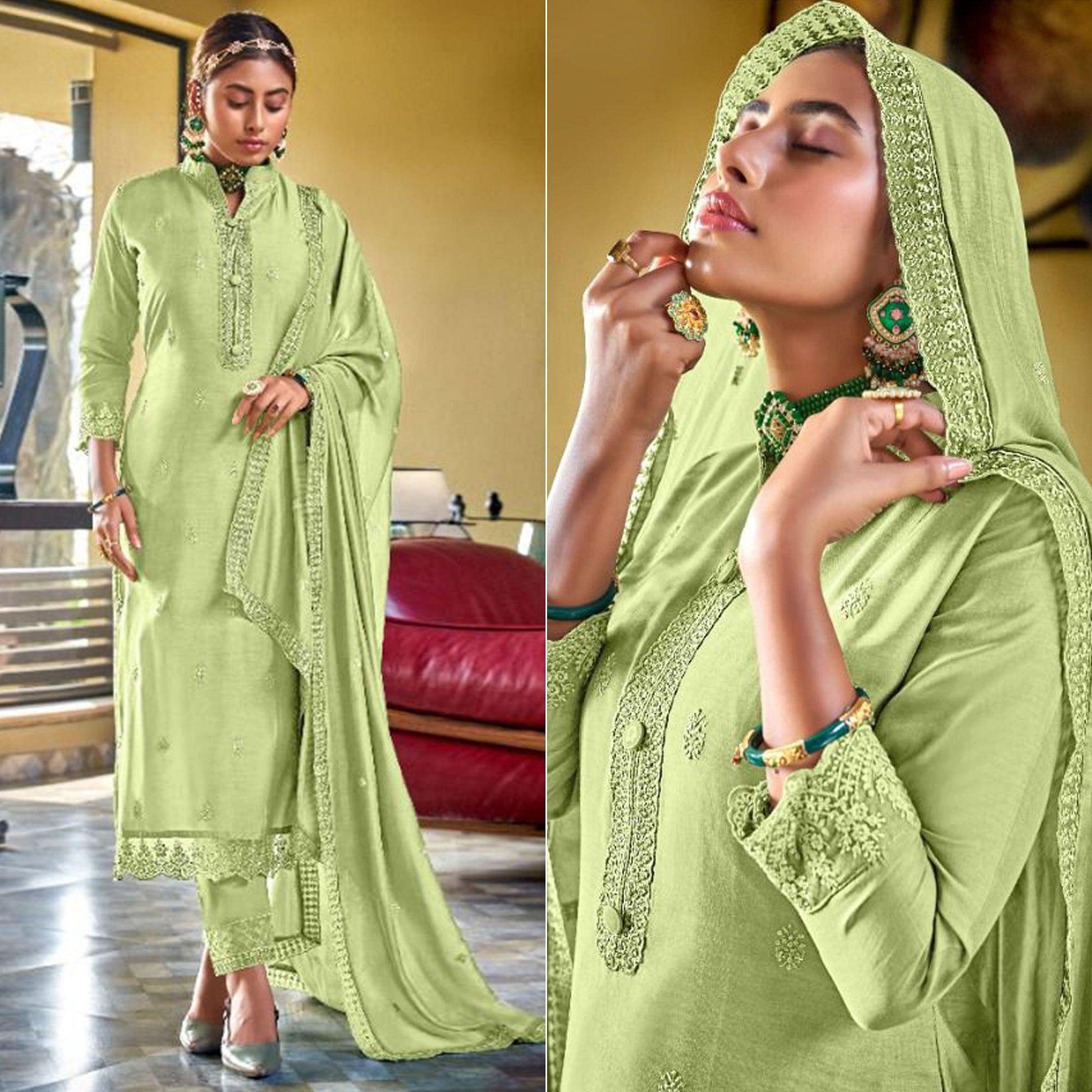green-embroidered-viscose-kurti-pant-set-143601