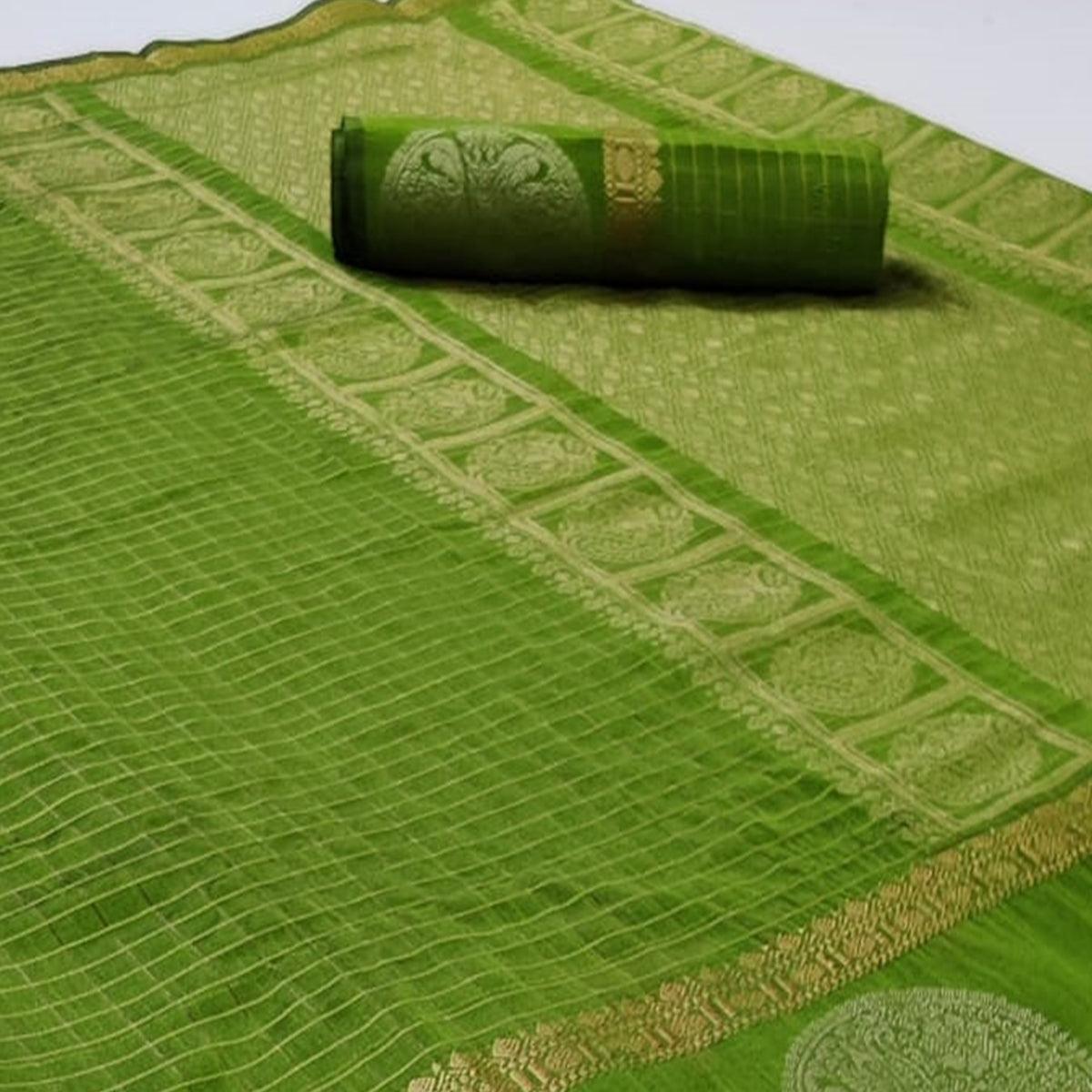 green-festive-wear-checks-pattern-woven-silk-saree-111662
