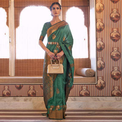 green-festive-wear-copper-zari-weaving-tussar-silk-saree-with-tassels-139731