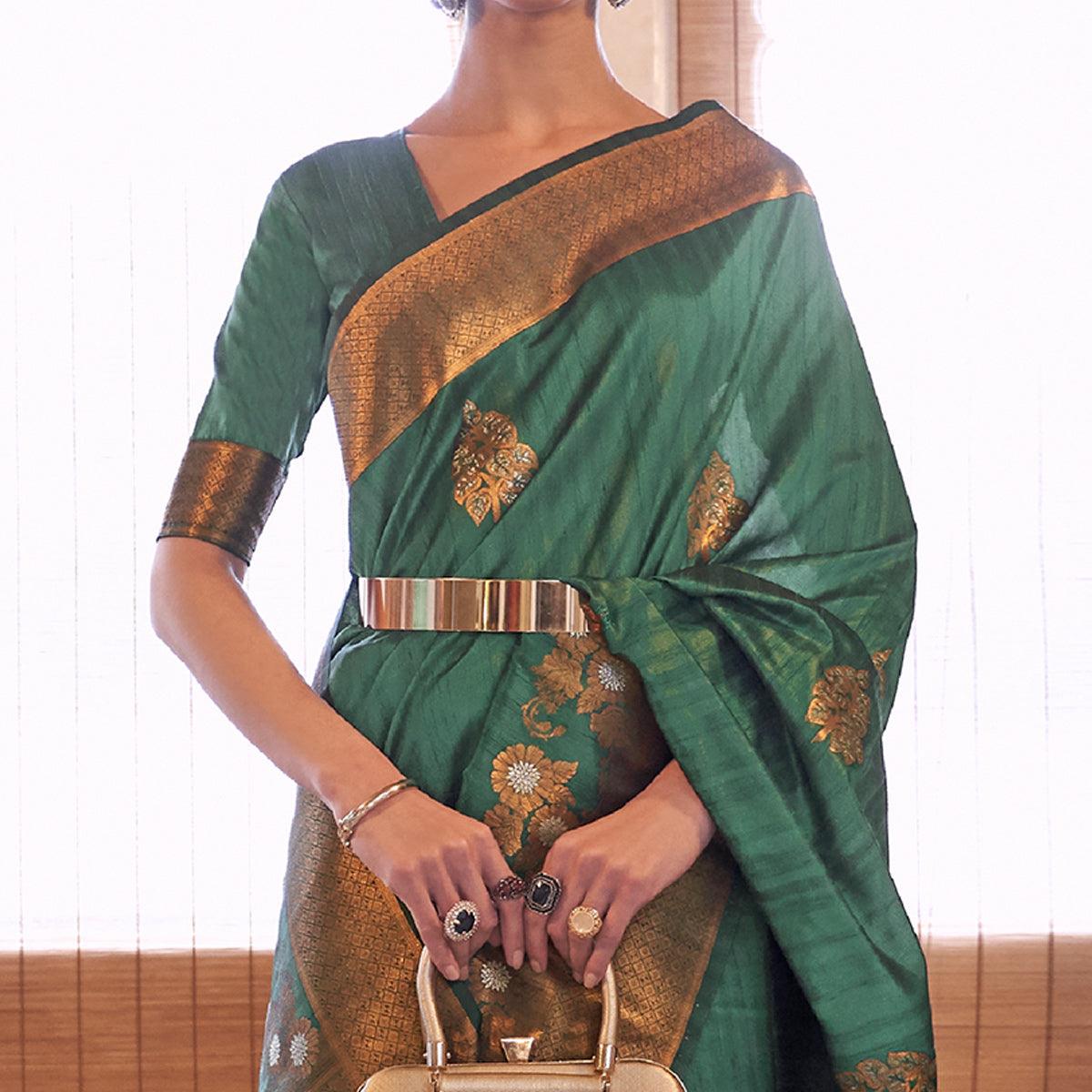 green-festive-wear-copper-zari-weaving-tussar-silk-saree-with-tassels-139731