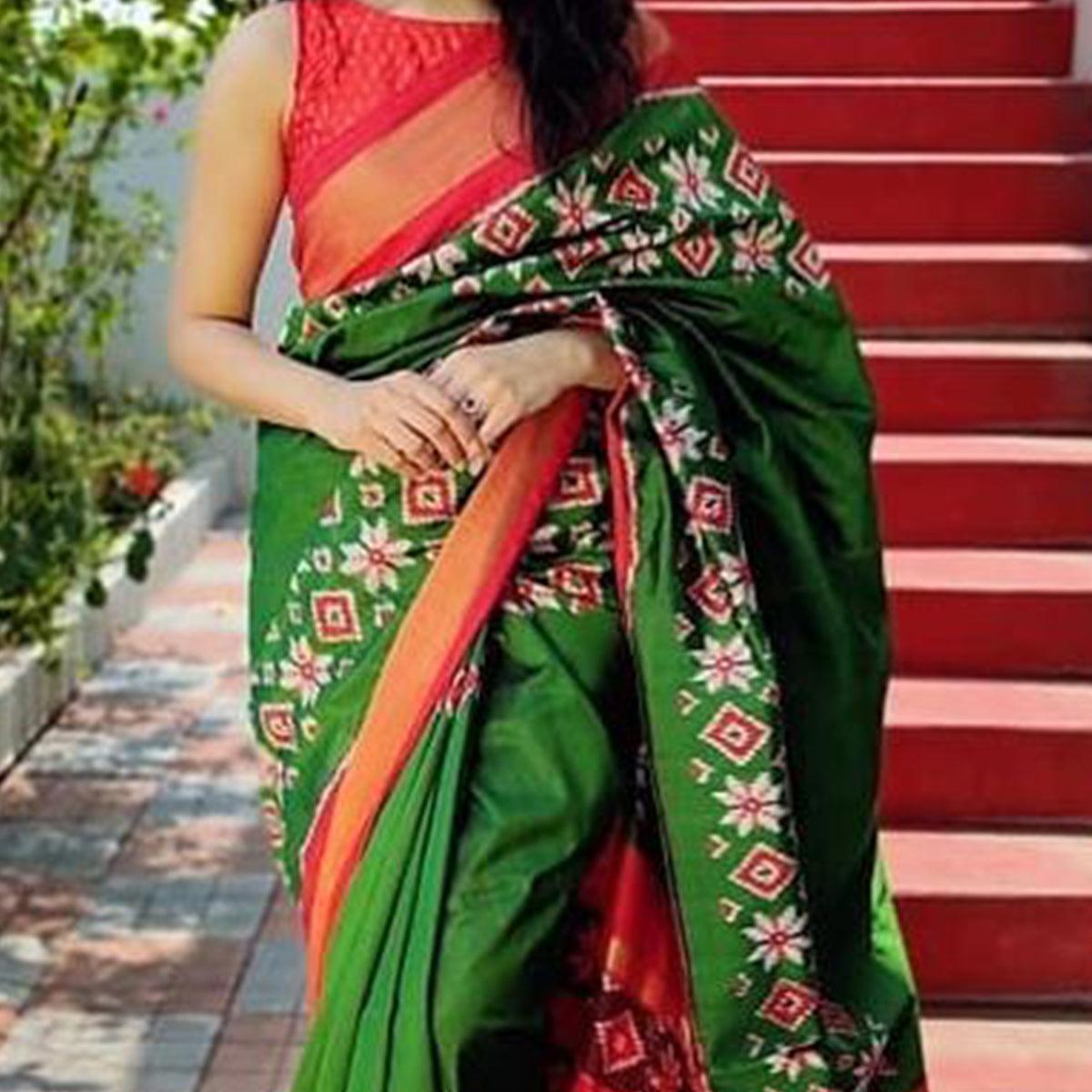 green-casual-wear-designer-hand-black-printed-cotton-linen-saree-110453