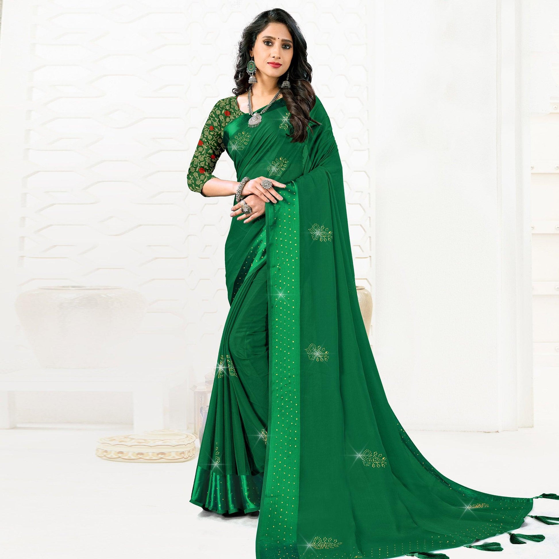 green-festive-wear-diamond-and-swarovski-soft-chiffon-satin-saree-137888
