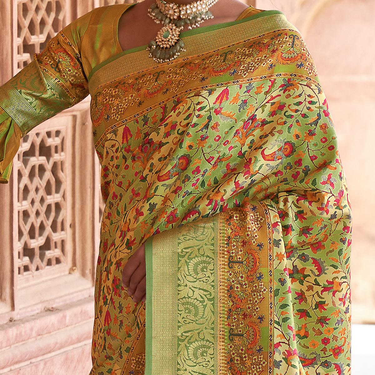 green-festive-wear-digital-printed-soft-silk-saree-with-viscose-zari-border-110762