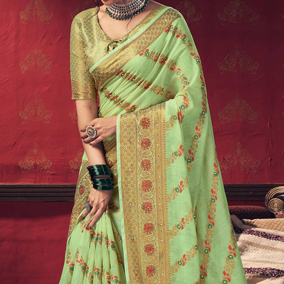 green-festive-wear-embellished-cotton-saree-141570