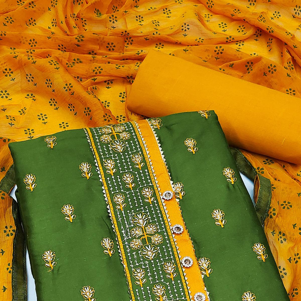green-festive-wear-embroidered-embellished-cotton-dress-material-139598