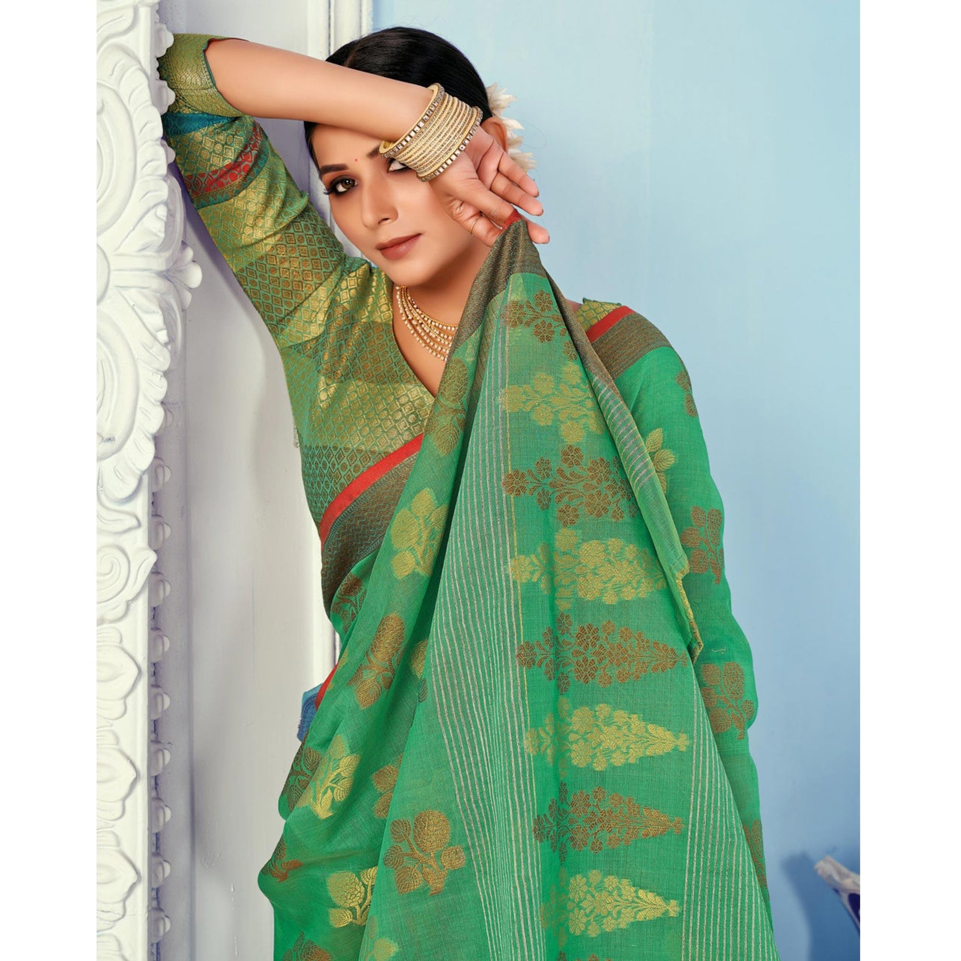 green-festive-wear-embroidered-cotton-handloom-saree-135771