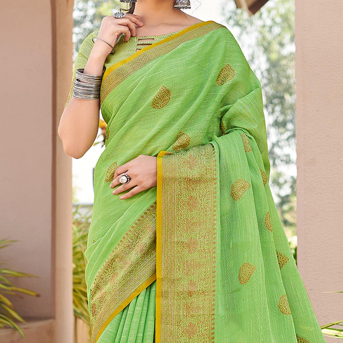 green-festive-wear-embroidered-cotton-saree-135758