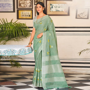 green-festive-wear-embroidered-linen-saree-135574