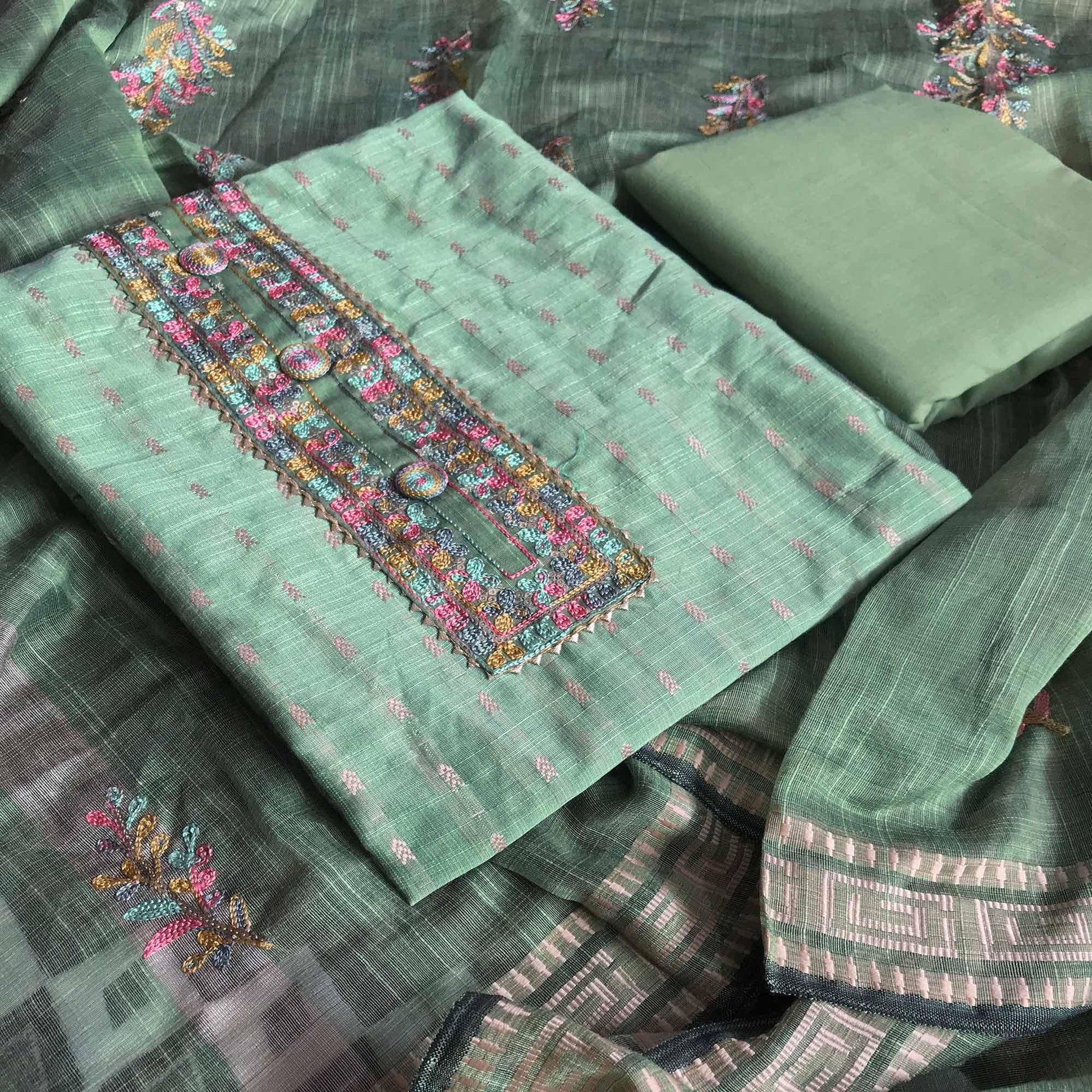 green-festive-wear-embroidered-silk-cotton-dress-material-124561