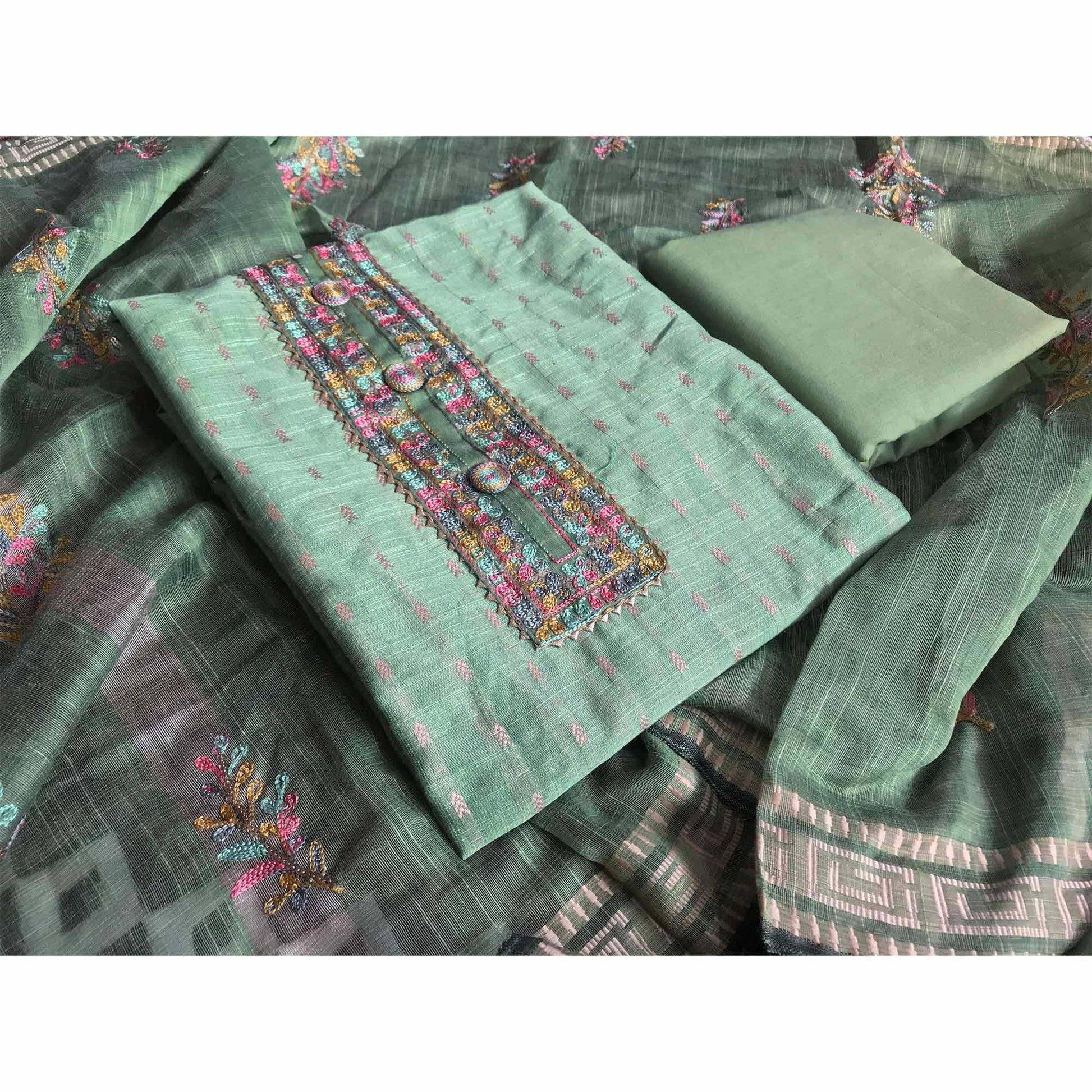 green-festive-wear-embroidered-silk-cotton-dress-material-124561