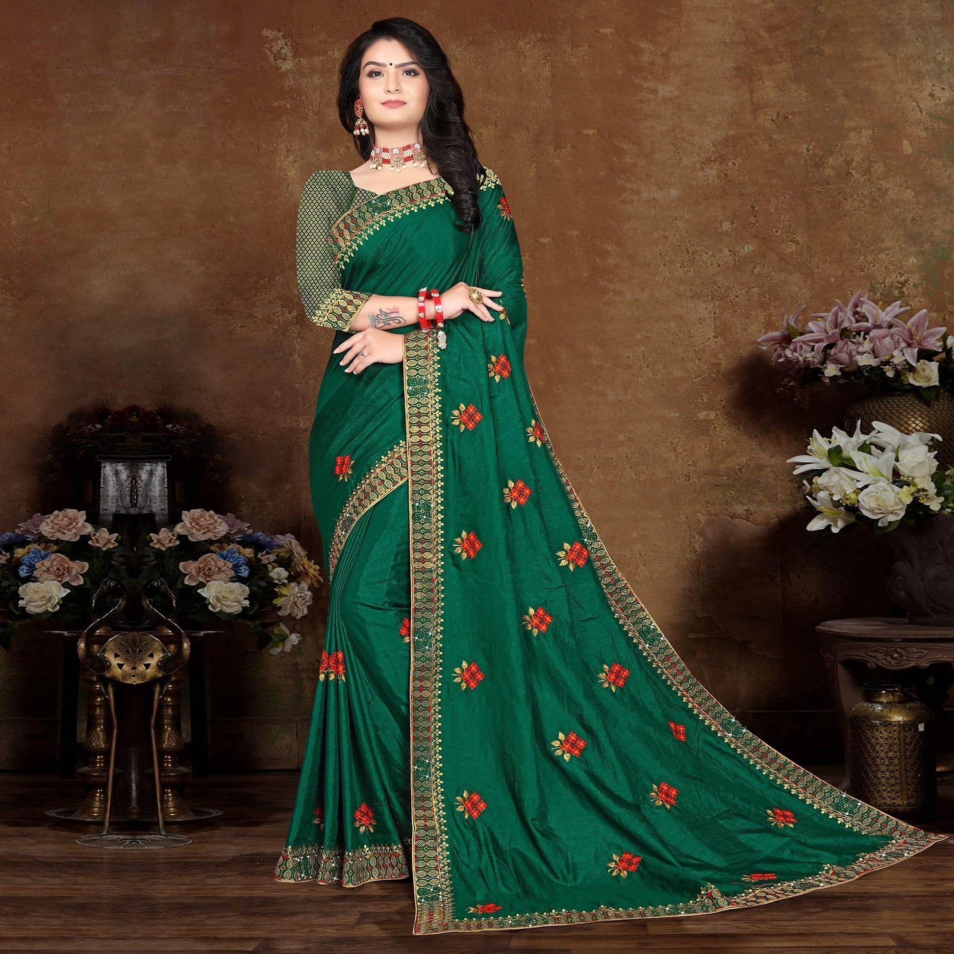 green-festive-wear-embroidered-vichitra-silk-saree-142775