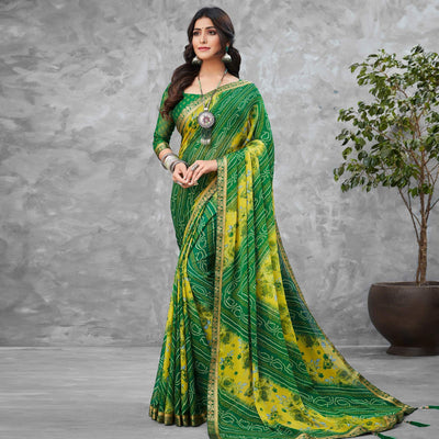 green-festive-wear-floral-bandhani-printed-chiffon-saree-111999