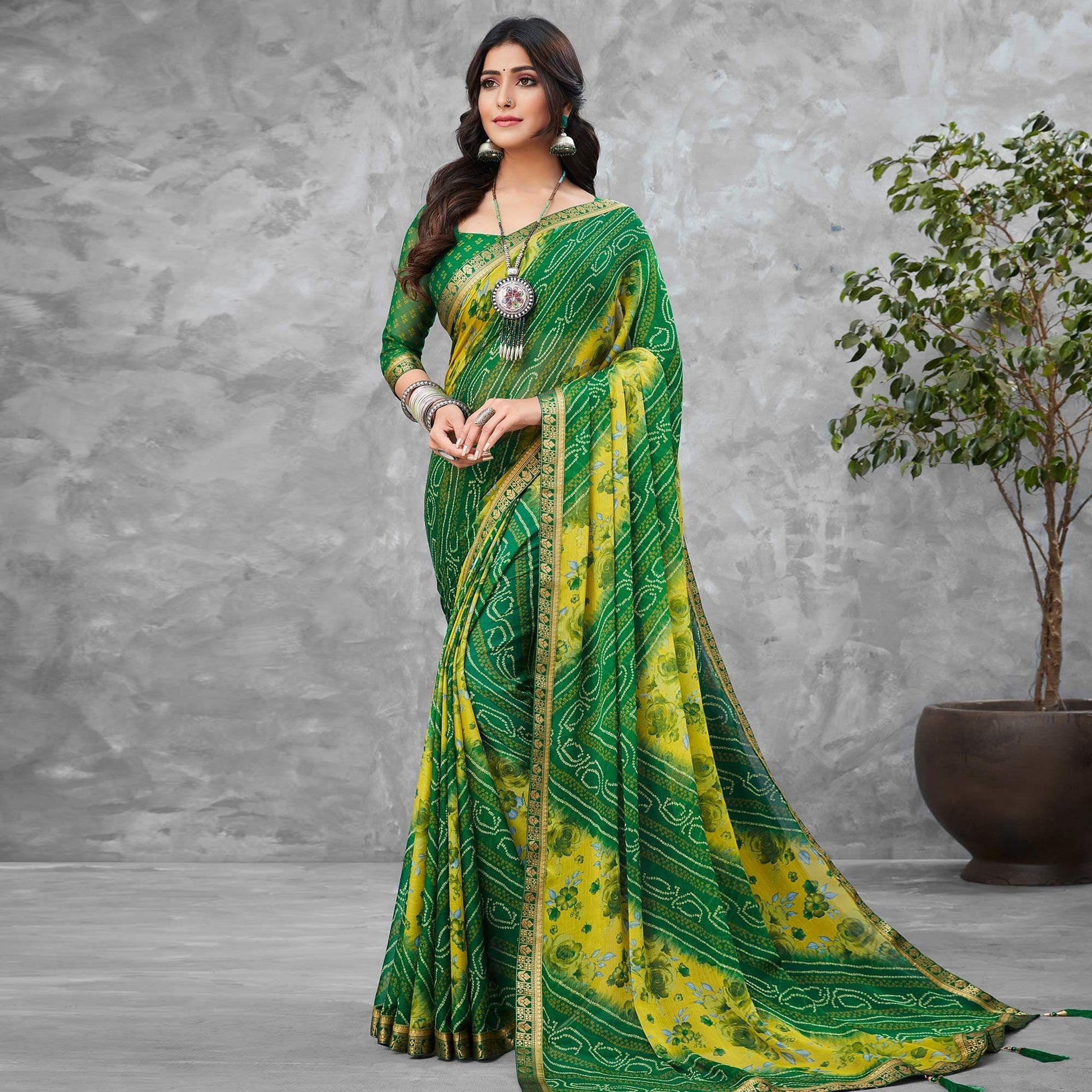 green-festive-wear-floral-bandhani-printed-chiffon-saree-111999
