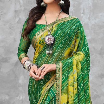 green-festive-wear-floral-bandhani-printed-chiffon-saree-111999