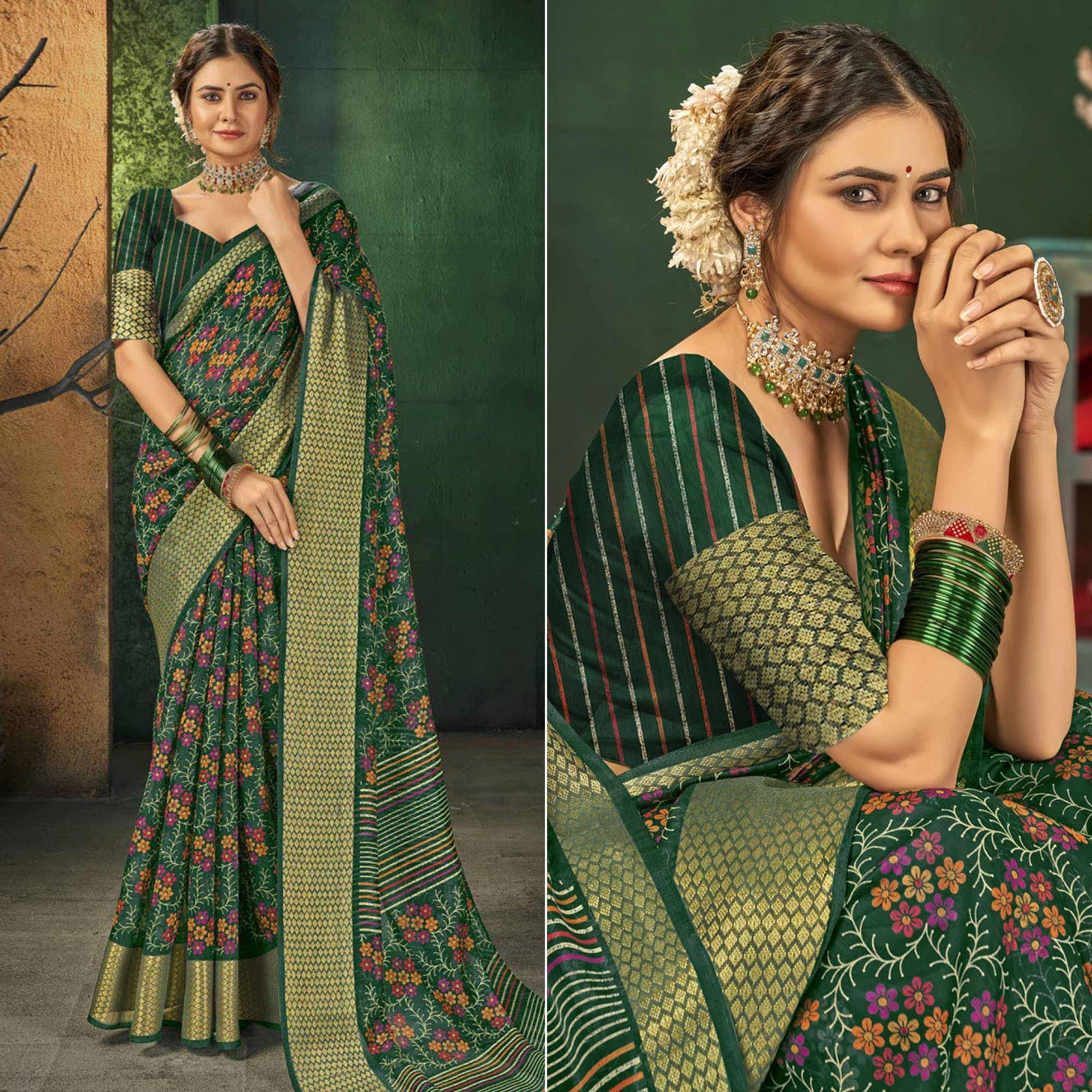 green-festive-wear-floral-digital-printed-cotton-saree-138865
