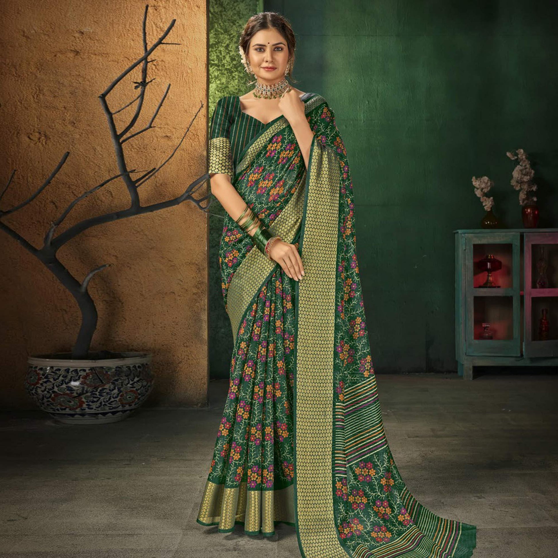 green-festive-wear-floral-digital-printed-cotton-saree-138865