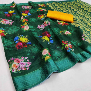 green-festive-wear-floral-digital-printed-with-woven-border-soft-cotton-saree-108084