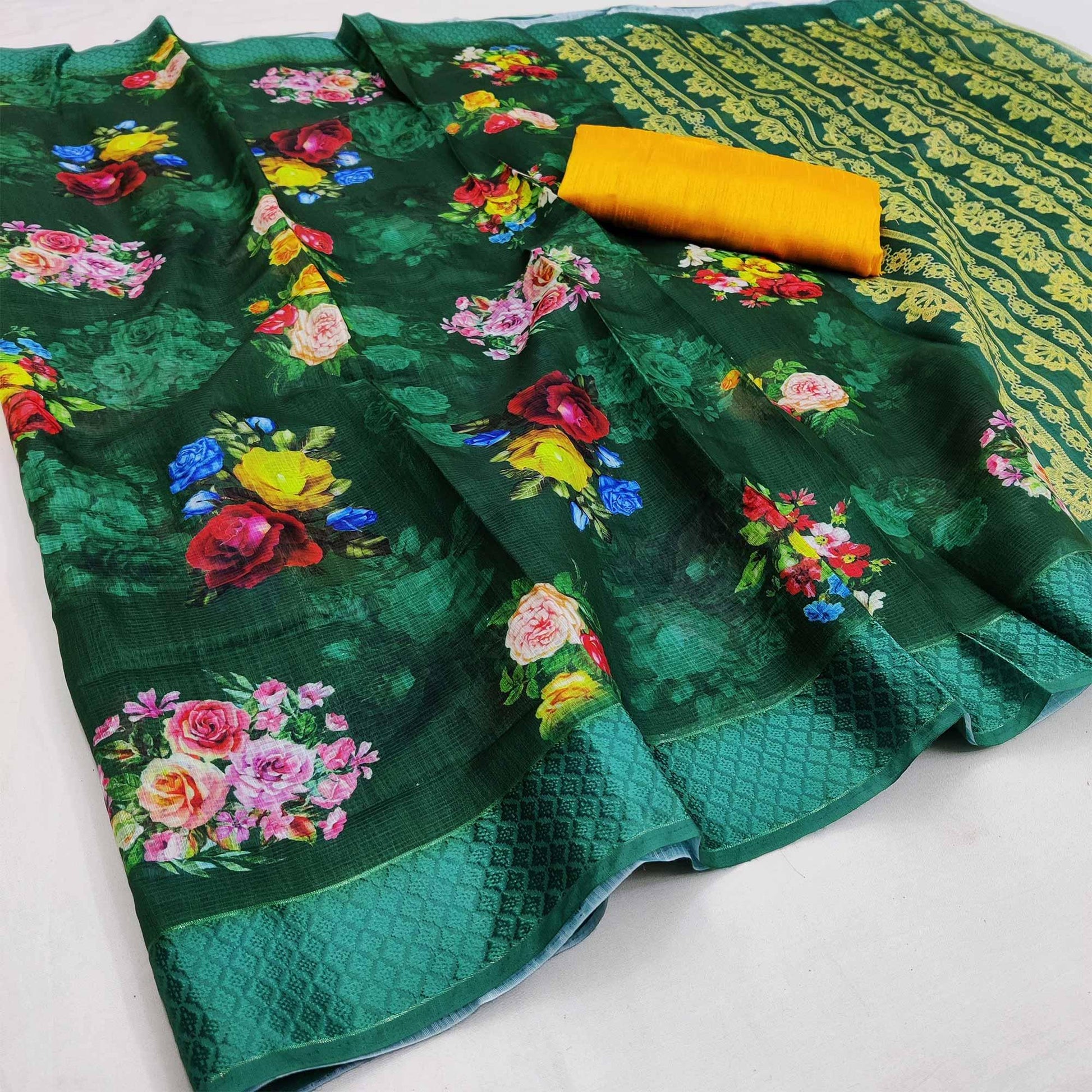 green-festive-wear-floral-digital-printed-with-woven-border-soft-cotton-saree-108084