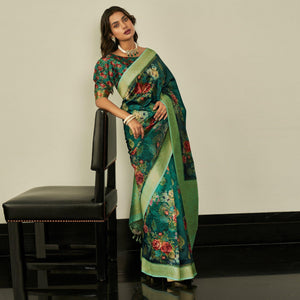 green-festive-wear-floral-printed-silk-saree-with-woven-border-127990