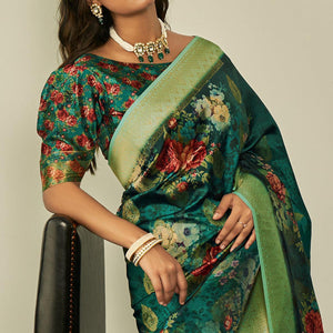 green-festive-wear-floral-printed-silk-saree-with-woven-border-127990