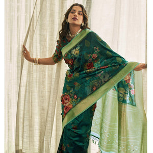 green-festive-wear-floral-printed-silk-saree-with-woven-border-127990
